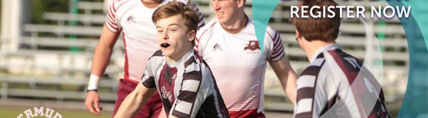 college players pass rugby ball in Bermuda 7s tournament